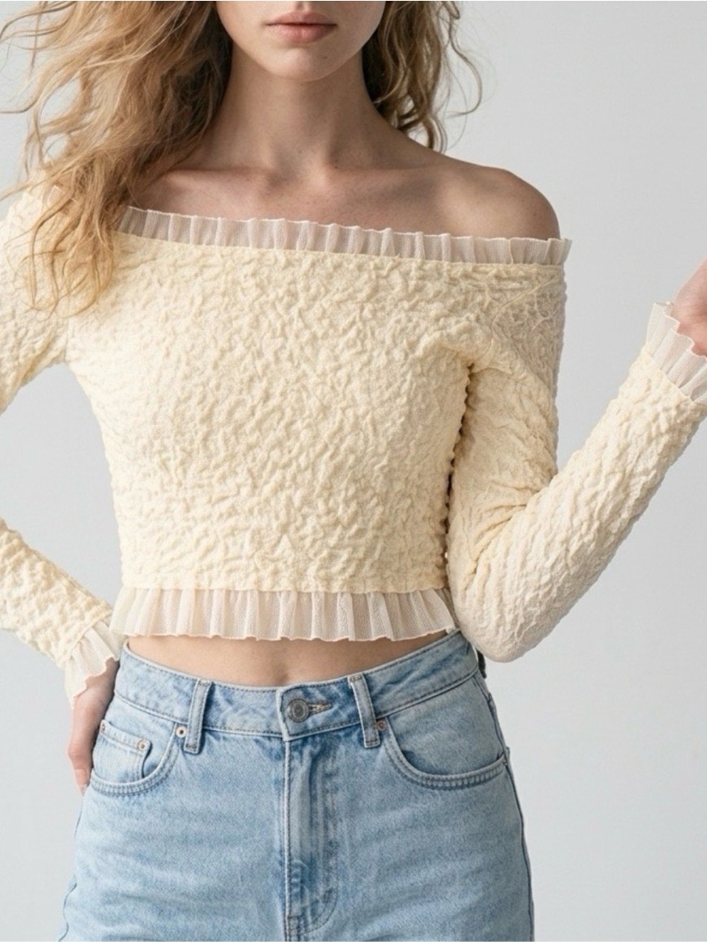 ZARA Cream Textured Crop Tulle Top